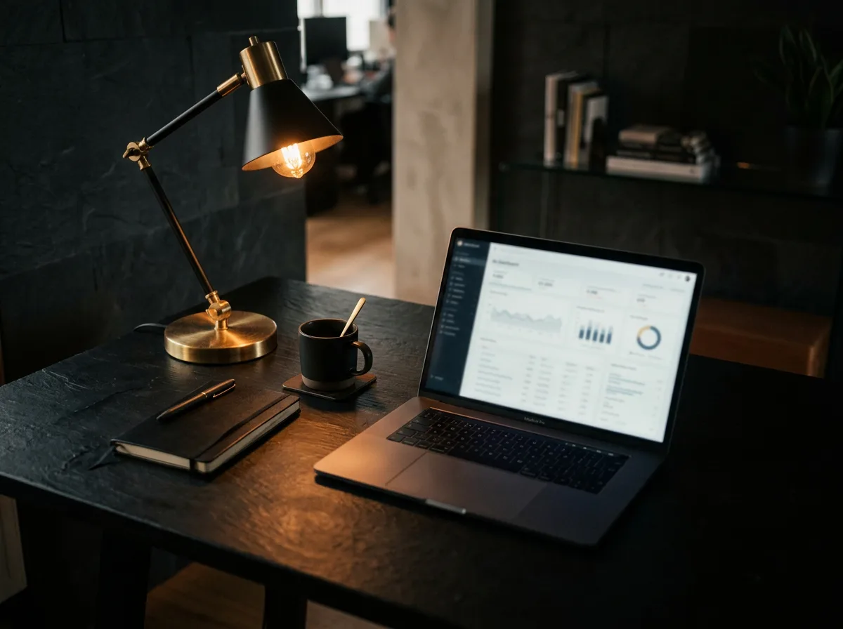 Dark desk with a brass lamp, notebook, coffee, and a laptop showing an analytics dashboard
