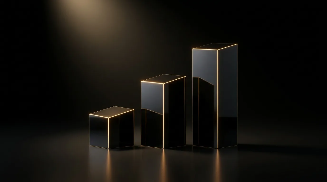 Three black monoliths with glowing gold edges rising in steps like a bar chart
