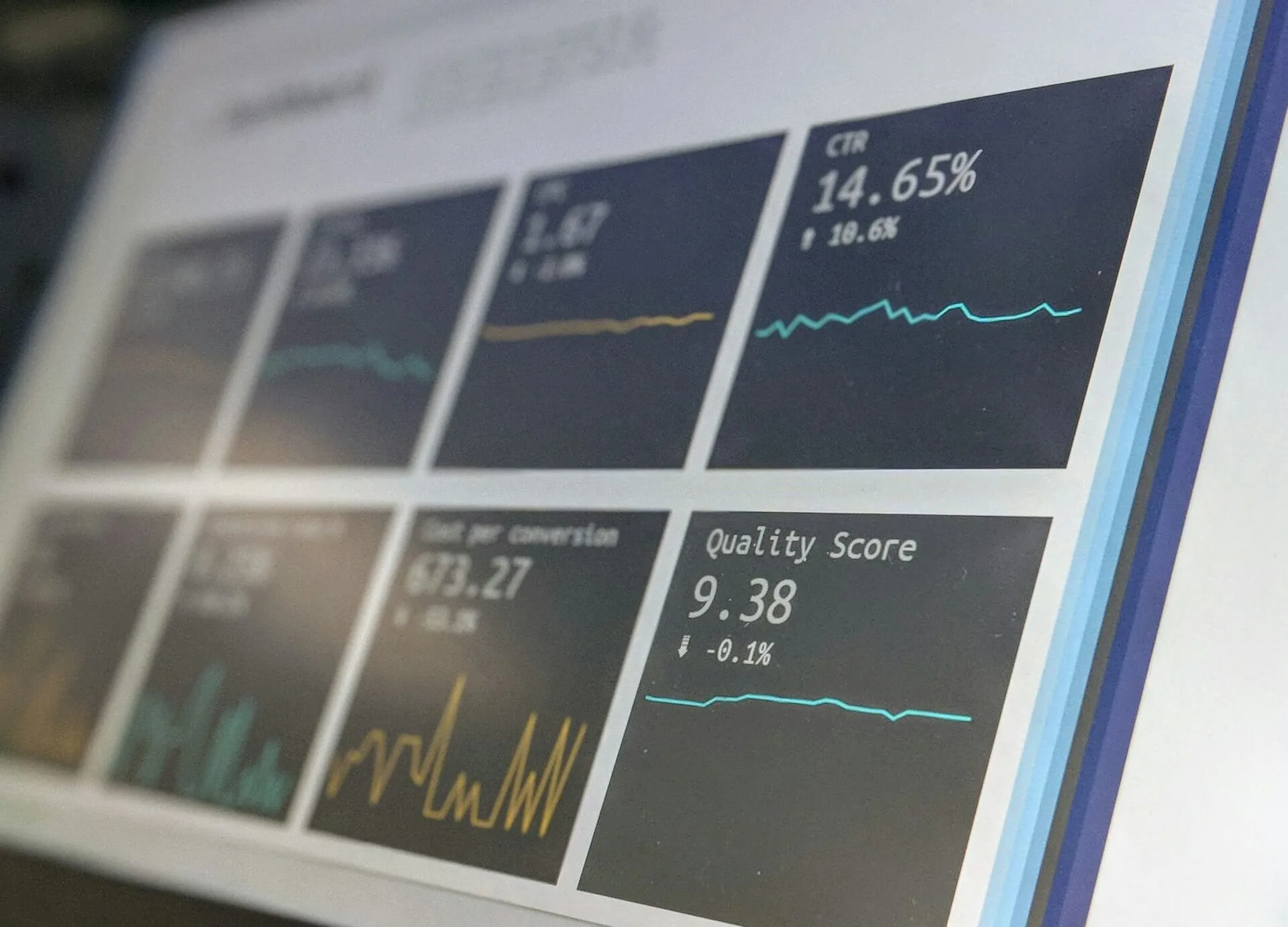 SEO monitoring dashboard showing CTR rates, quality scores, and click-through performance data for organic search campaigns