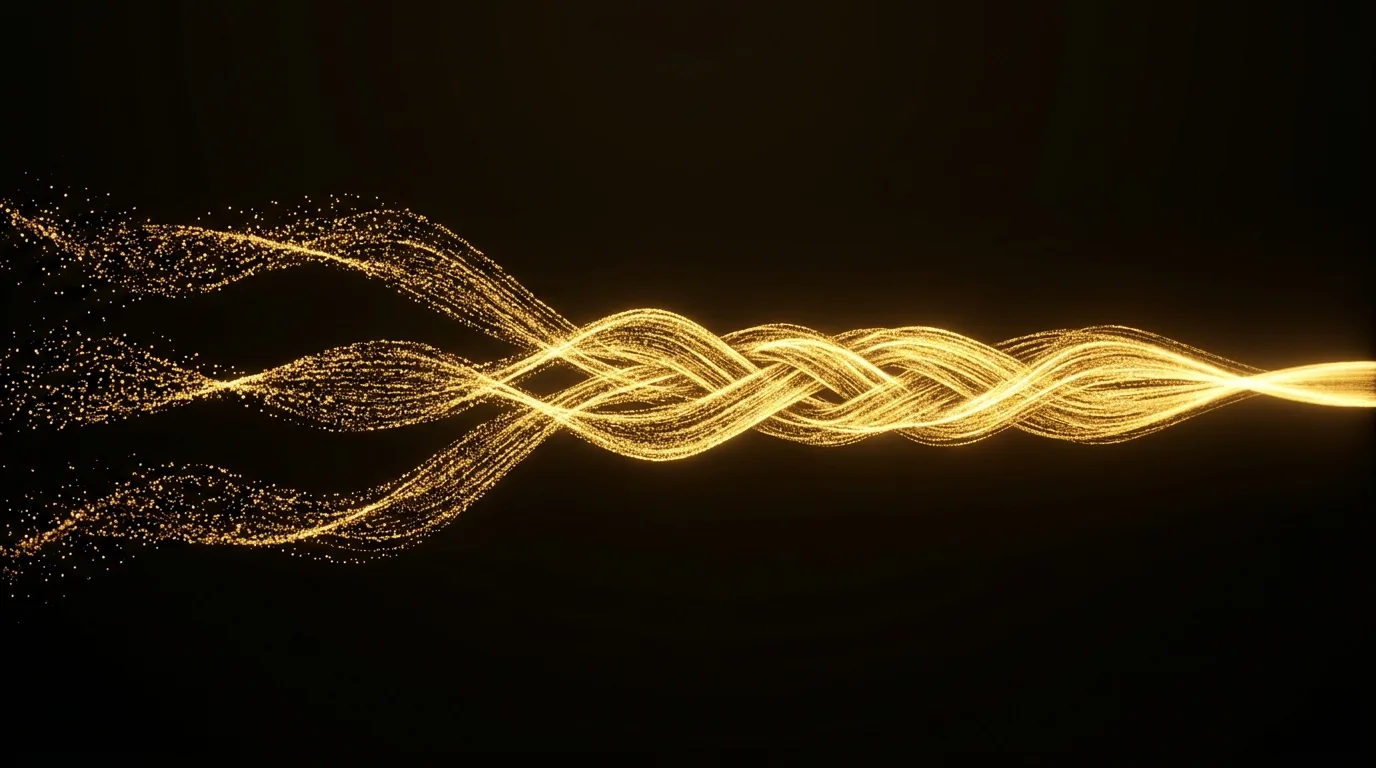 Three streams of golden particles merging into one bright river of light on a black background
