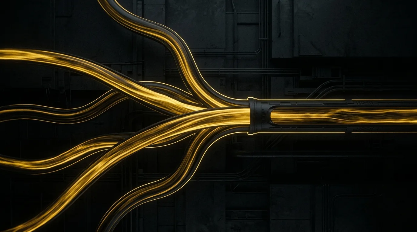 Abstract gold streams of light converging into a single pipeline channel