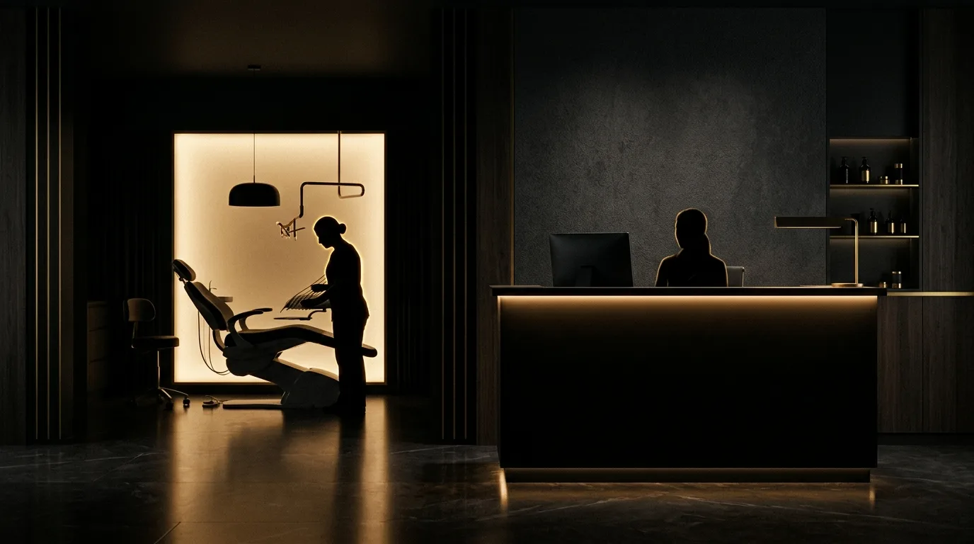 A warm gold-lit dental reception and chair silhouette at dusk