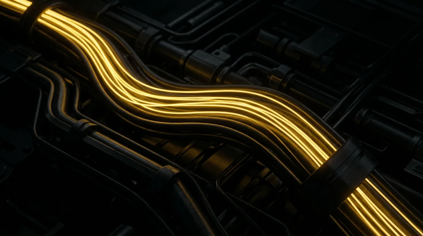 Golden fiber optic light streams flowing through dark conduits