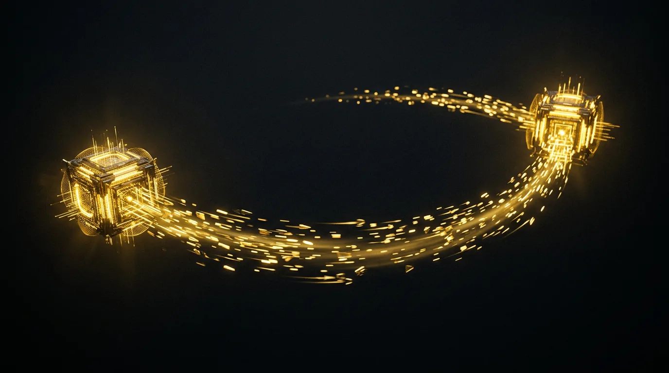 Golden data packets migrating between two glowing nodes across darkness
