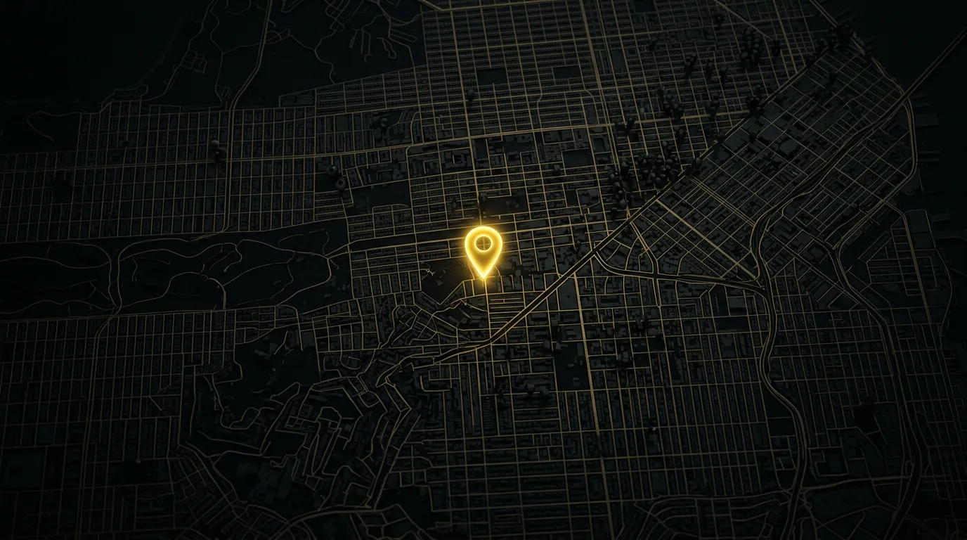 Dark city map at night with one bright gold location pin glowing among dim pins
