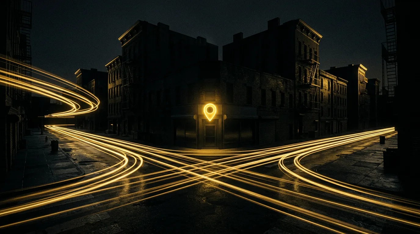 Golden light trails converging on a single glowing storefront pin on a dark street