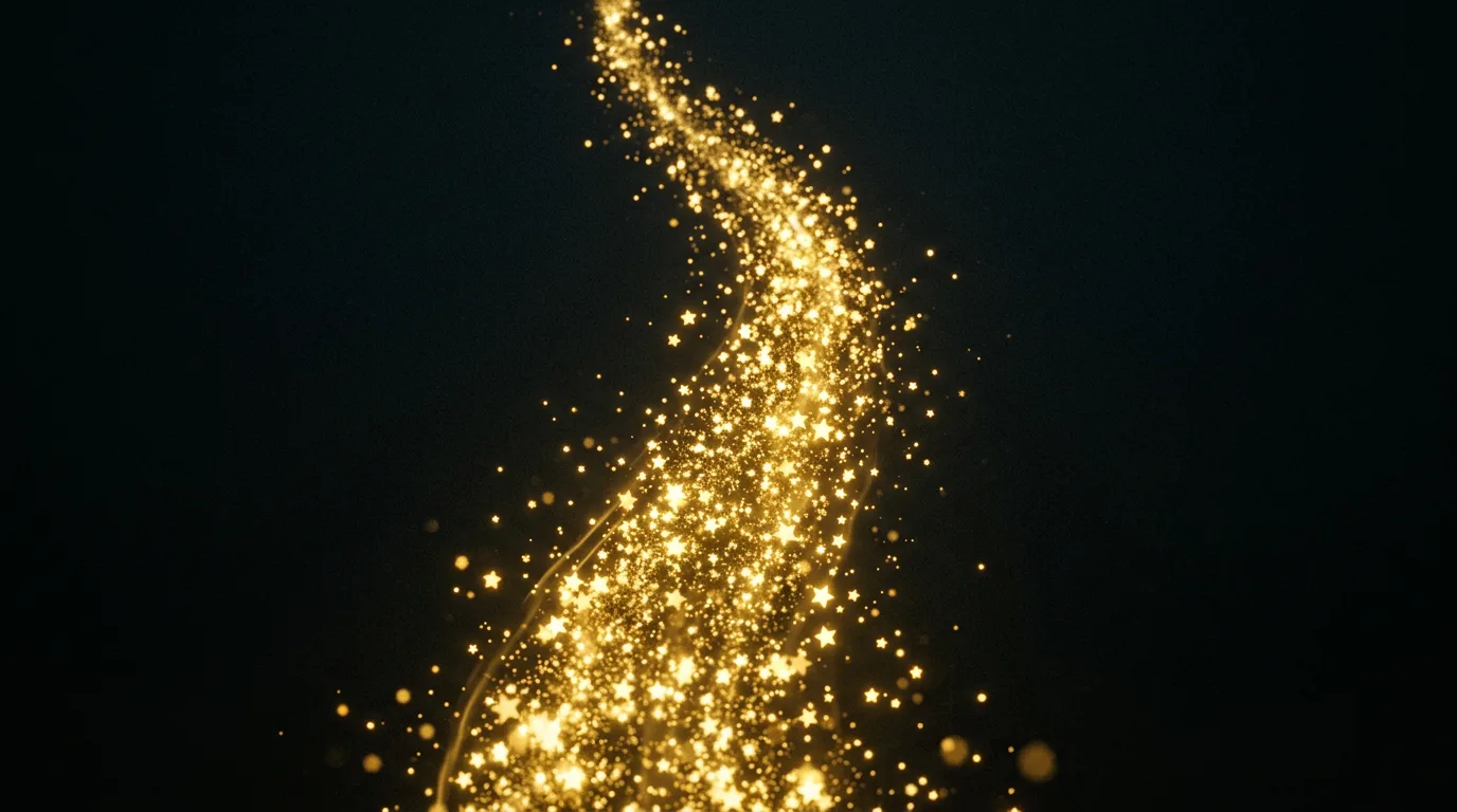An upward stream of glowing golden stars rising over a dark background