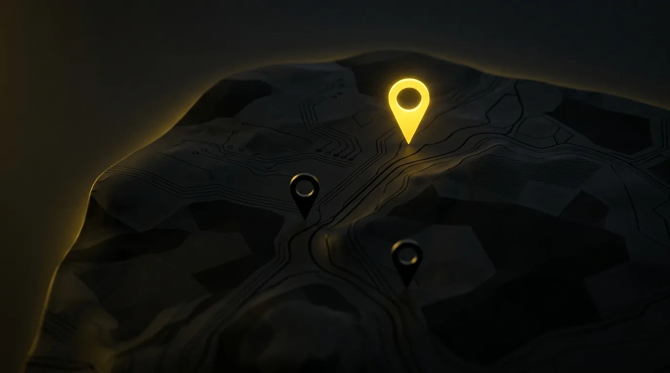 Dark map with three location pins, the top one glowing bright gold