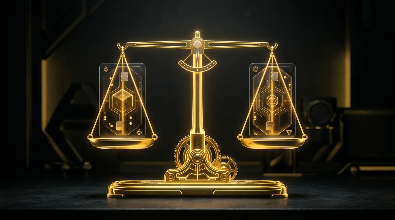 Two stylized translucent product cards balanced on a glowing golden scale in the dark