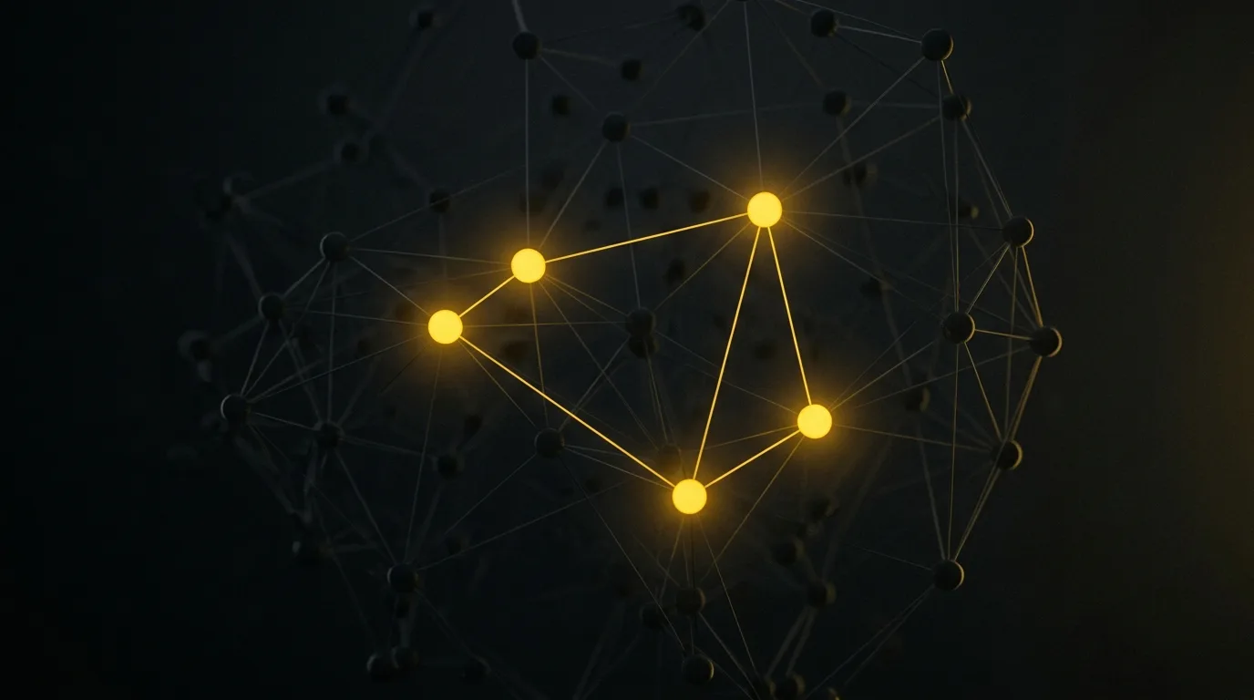 A constellation of connected app nodes with a few lit gold among many dim ones
