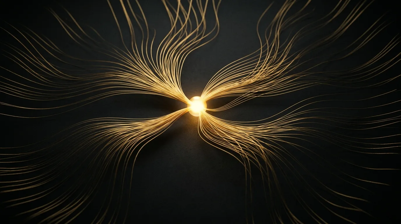 Fine gold filaments converging from darkness into a single bright core, representing how an AI model gathers signals from many sources to form one answer