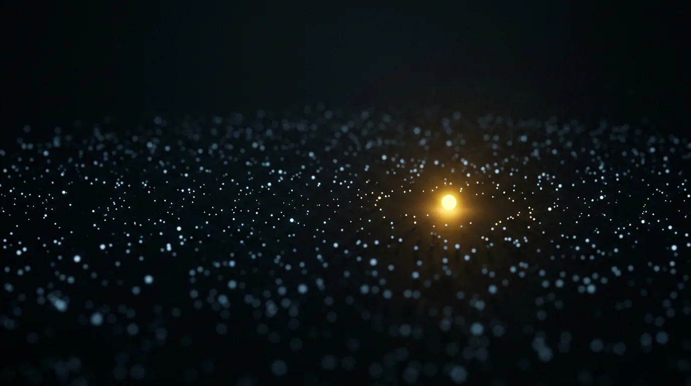 A single brand glowing gold among many dim nodes in darkness, representing the one brand an AI model picks as a trusted source