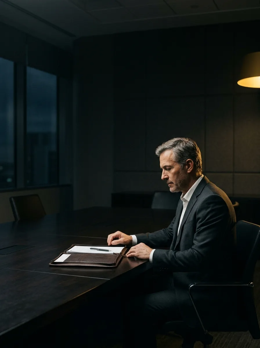 Executive in a dim boardroom beginning vendor research under a single gold light
