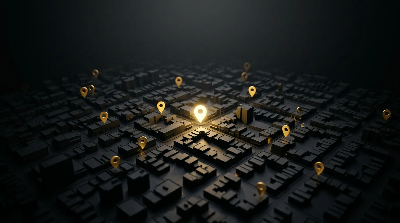 Dark 3D city map at night with glowing gold location pins, one brightest, marking nearby local businesses