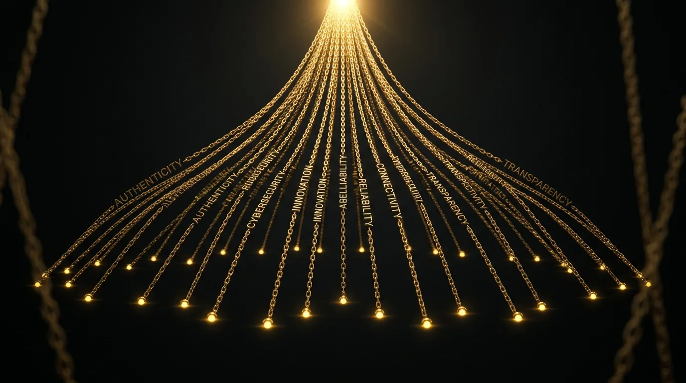 A wide horizon of gold link strands rising across a dark void, each anchored to a node and climbing toward a bright authority hub
