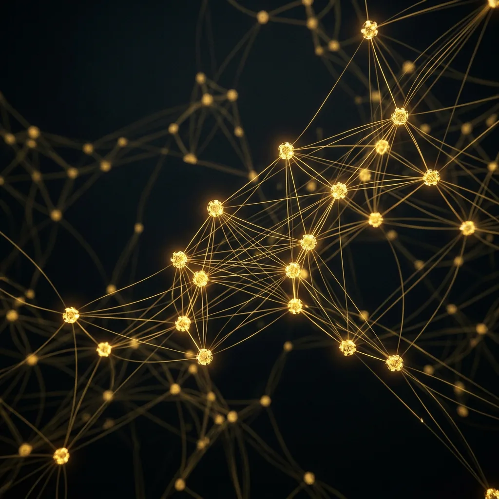 An abstract constellation of glowing gold link nodes pulsing across a dark void, each healthy citation lit steady