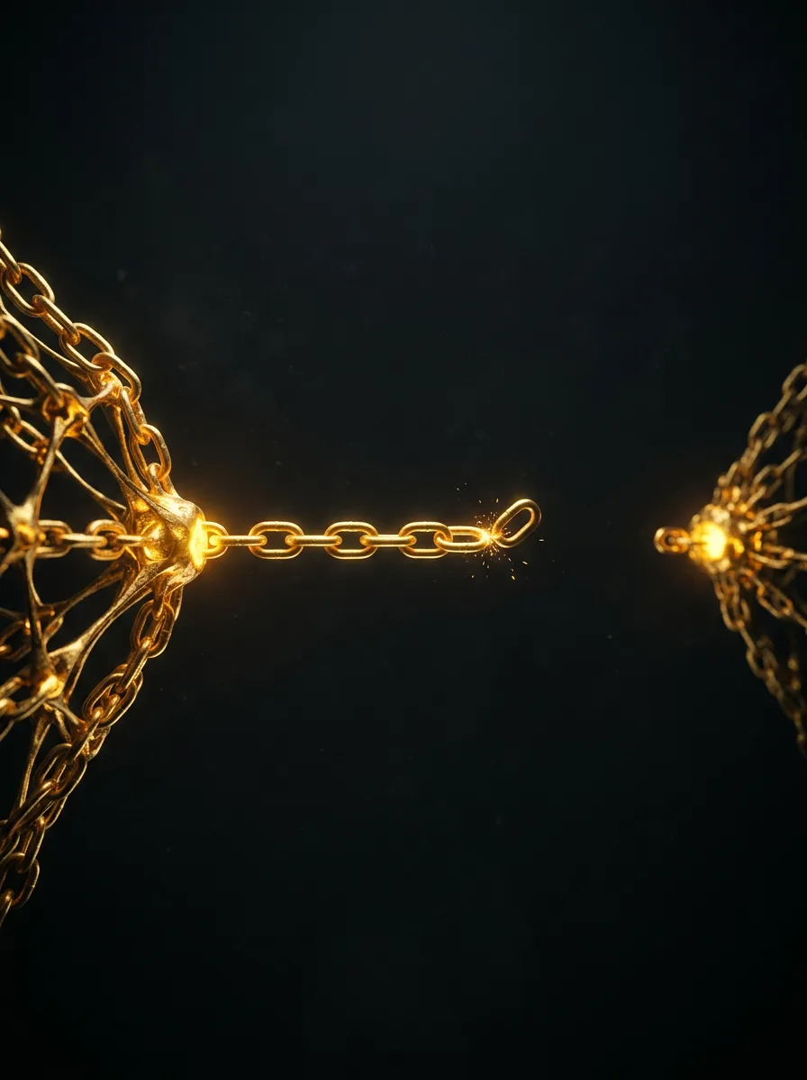 A single new gold link strand being forged between two distant glowing nodes across a dark void