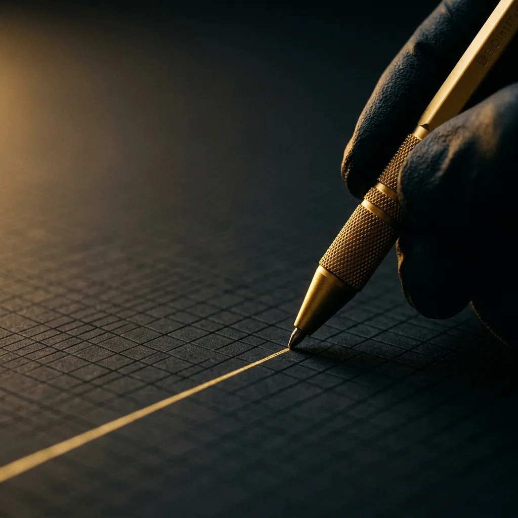 A gold stylus tracing a clean line across an orderly dark grid, page rewrites implemented with precision