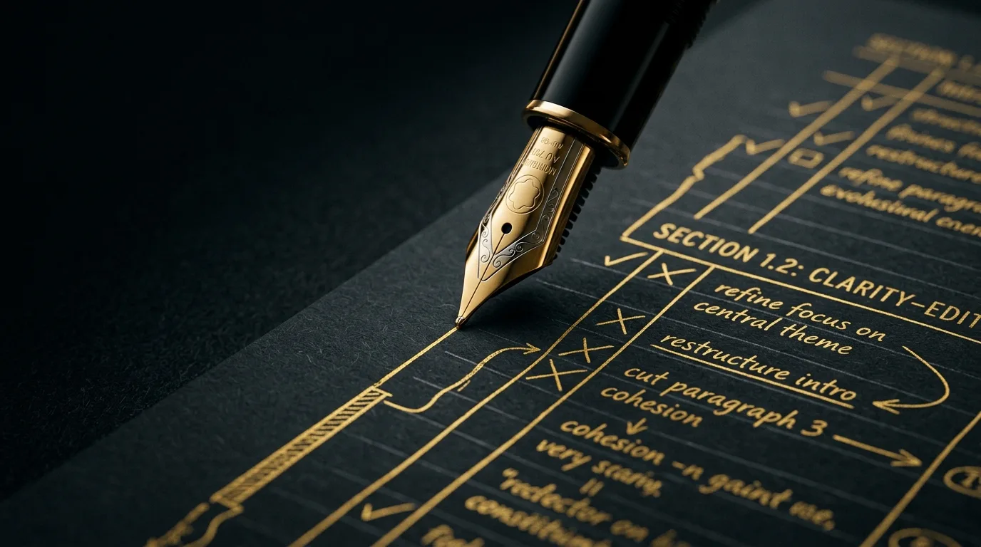 A gold pen nib resting on a ruled page with fine gold ink lines, the craft of structuring and editing a page