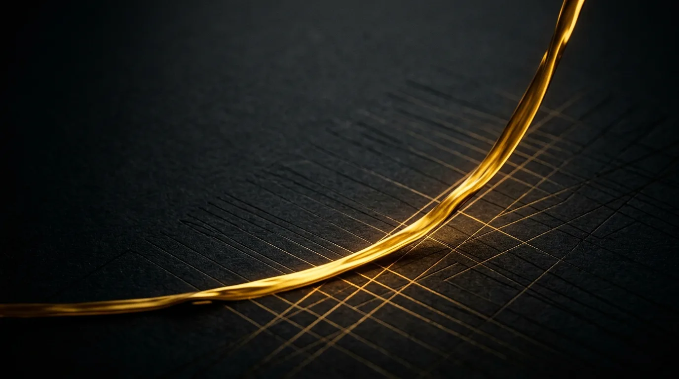 Gold ink rising in a climbing curve across a structured grid, the traffic payoff of moving a page up the rankings