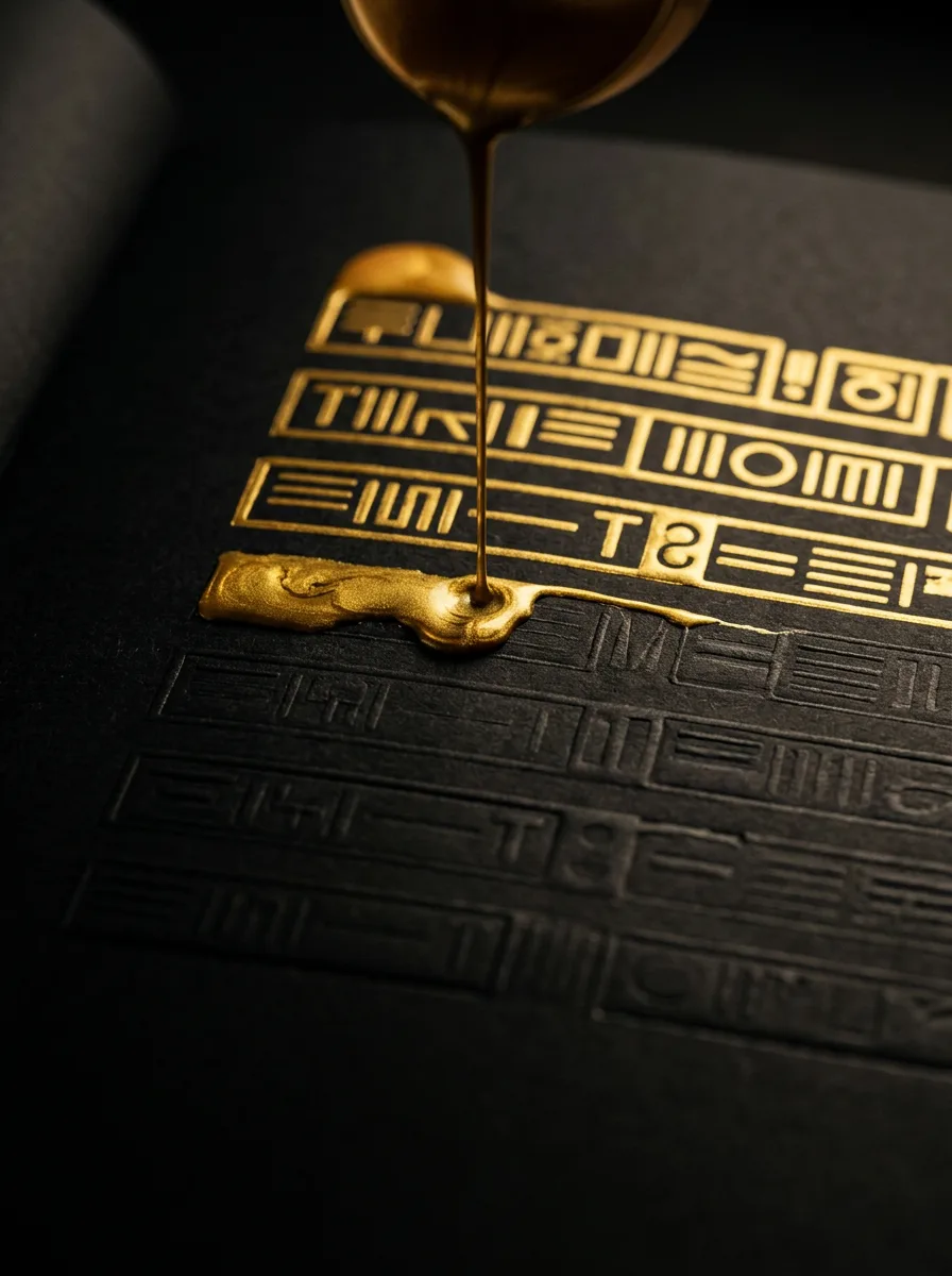 Gold ink flowing into a clean column of structured text blocks, a page being rewritten line by line