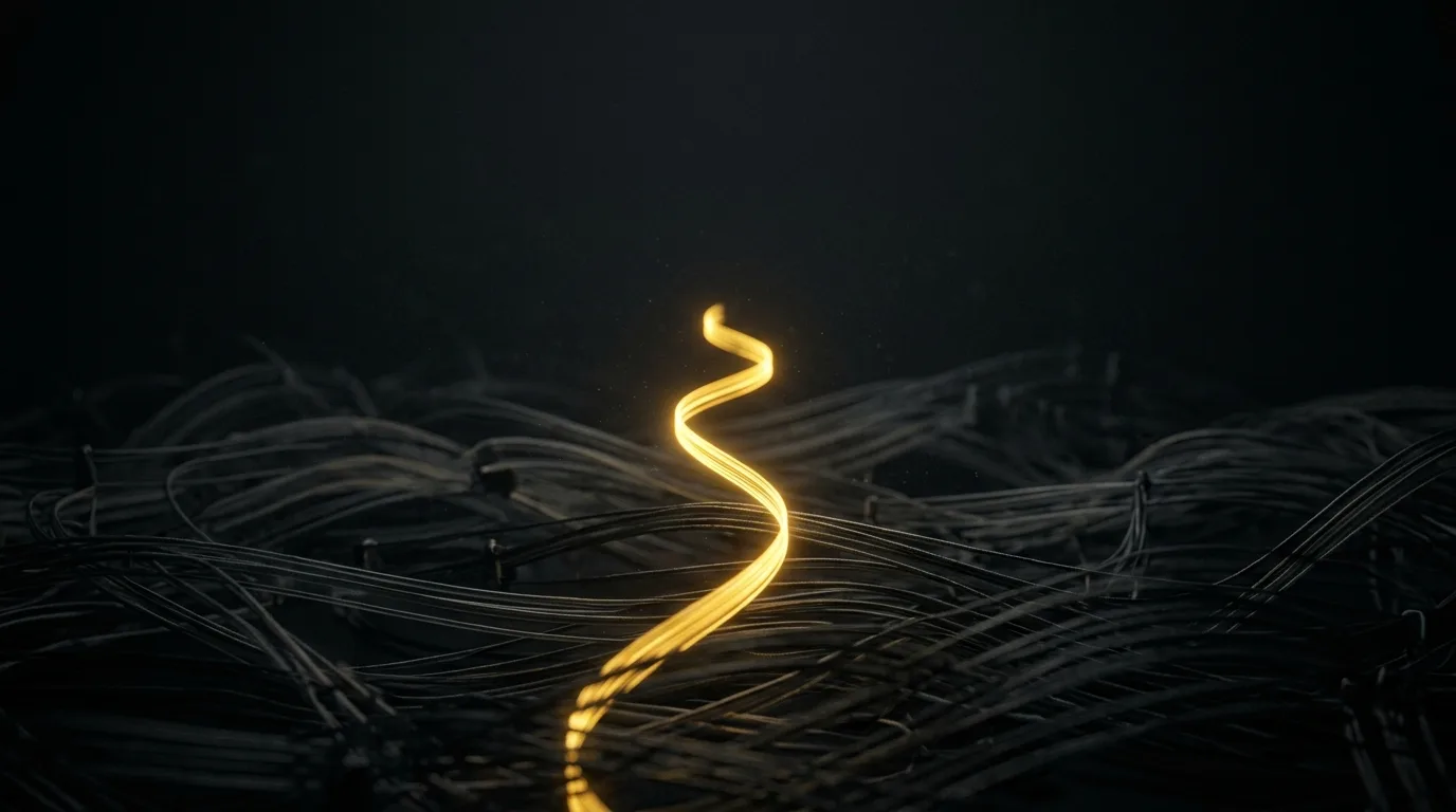 A single glowing gold thread rising through dark layered strands of discussion, representing one community-aware response that stands out among many Reddit threads
