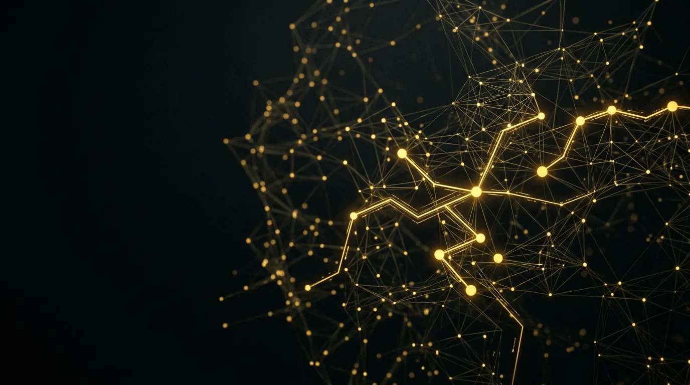 Abstract wireframe of glowing gold nodes and data streams mapping a site's crawl and indexing structure