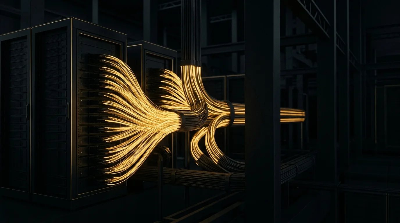 Gold fiber-optic strands carrying light out of dark server racks, the infrastructure beneath a well-built website